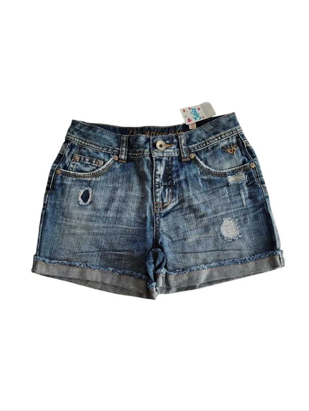 Justice 100% Cotton Distressed Detail Blue Denim Cuffed Jean Shorts Size 14 Girl